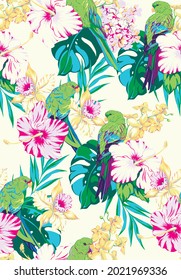 Summer tropical flowers digital pattern. Parrots, pink hibiscus, yellow orchids, tropical leaves on black background. Floral pattern for textile or wallpaper. 