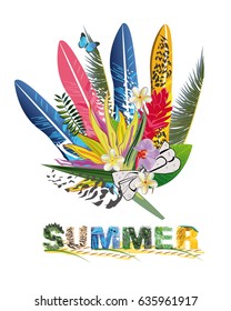 Summer tropical flowers and feathers.