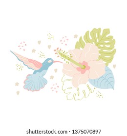 Summer tropical flowers hibiscus, palm leaves and hummingbirds. Wild exotic nature, Africa, Alaska, Labrador, Tierra del Fuego. Scandinavian cartoon style, pastel colors. Summer print.