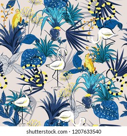 Summer Tropical  flowers, palm leaves, jungle plants, birds, pink flamingos,snake, seamless vector floral pattern background, exotic botanical wallpaper, for fashion,fabric,and all prints on grey
