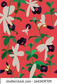 Summer tropical flowers seamless pattern, sweet pastel color, flat hand drawn out line shape, vintage summer vibe, simple design nostalgic feelings