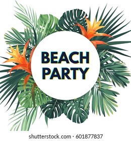 Summer tropical flyer with exotic palm leaves and flowers. Jungle vector floral template.