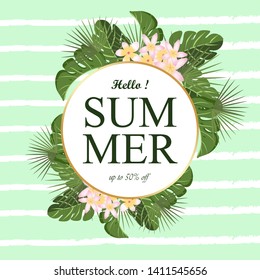 summer tropical foliage frame with abstract line background