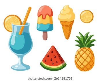 Summer tropical food and drink set. Vector isolated illustrations on white background