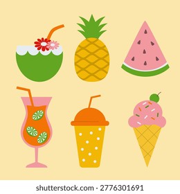 Summer Tropical Food and Drinks Flat Icon Set with Ice Cream Coconut Pineapple and Watermelon