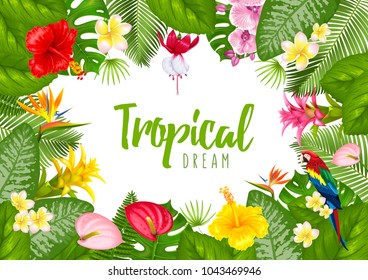 Summer tropical frame design for banner or flyer with exotic leaves and flowers. Vector illustration. Isolated on white background.