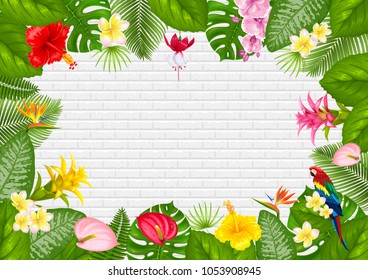 Summer tropical frame design with bright exotic leaves and flowers on brick wall background. Vector illustration.