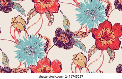 Summer tropical fresh blooming flowers floral abstract illustration seamless pattern repeat print textile fabric vector artwork