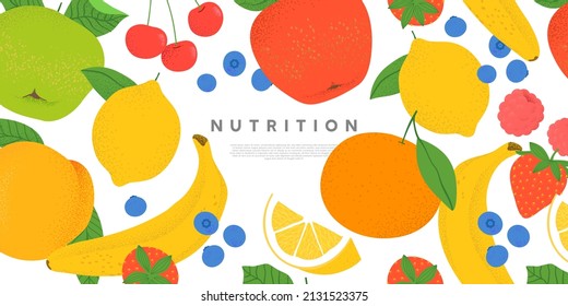 Summer tropical fruit diet web template illustration. Modern flat cartoon organic fruits ingredient background for nutrition or healthy lifestyle page concept.