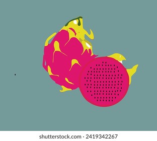 summer tropical fruit for healthy lifestyle red dragon fruit whole fruit and half flat cartoon icon vector illustration isolated on white. Vector eps 8. perfect for wallpaper or design element
