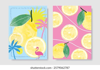 Summer tropical fruit poster background vector. Lemon, coconut tree, flamingo, leaves with watercolor texture. Design for promotion, cocktail drink advertising, packaging, interior.