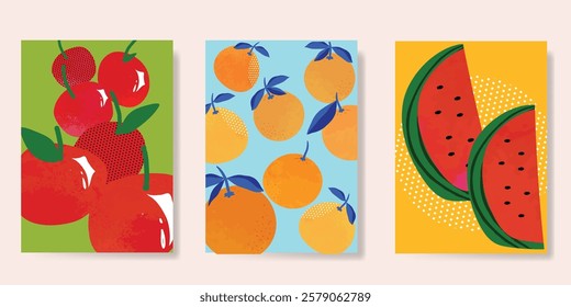 Summer tropical fruit poster background vector. Apple, orange, watermelon with dot halftone and watercolor texture. Design for promotion, cocktail drink advertising, packaging, interior.