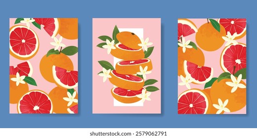 Summer tropical fruit poster background vector. Orange, flower, leaves with watercolor texture. Design for promotion, cocktail drink advertising, packaging, interior.