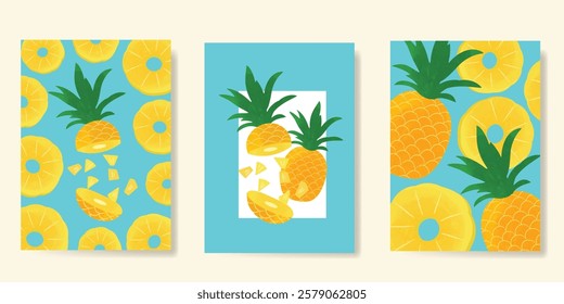 Summer tropical fruit poster background vector. Pineapple, flower, leaves with watercolor texture. Design for promotion, cocktail drink advertising, packaging, interior.