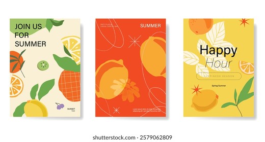 Summer tropical fruit poster background vector. Lemon, orange, kiwi, leaves with watercolor texture. Design for promotion, cocktail drink advertising, packaging, interior.