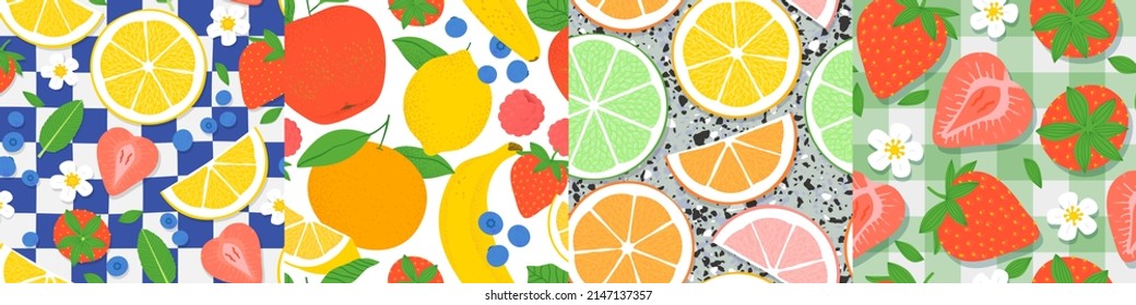 Summer tropical fruit seamless pattern set. Modern flat cartoon organic fruits ingredient background collection. Fresh apple, orange, banana, strawberry and more.