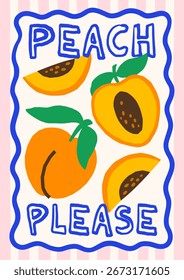 Ilustración vectorial de frutas tropicales de verano. Diseño de cartel brillante audaz con melocotones en marco ondulado sobre fondo de rayas