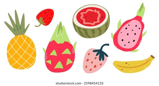 Summer tropical fruits collection. Dragon fruit, pineapple, strawberry, banana, watermelon. Set of organic vitamins and healthy nutrition