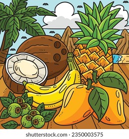 Summer Tropical Fruits Colored Cartoon 