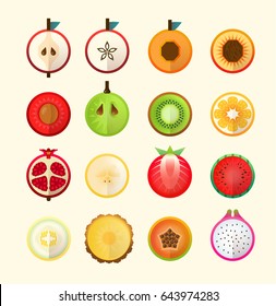 Summer tropical fruits in geometric style. Geometric circle fruits icon. Vector summer collection poster design. 