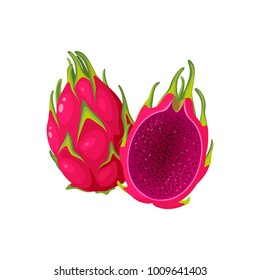 Summer tropical fruits for healthy lifestyle. Red dragon fruit with red flesh, whole fruit and half. Vector illustration cartoon flat icon isolated on white.