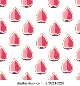 Summer tropical fruits for healthy lifestyle. Fig, purple whole fruit and half. Vector illustration cartoon flat icon isolated on white. pattern with fresh ripe delicious juicy figs 