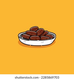 Summer tropical fruits for healthy lifestyle. Bowl of dates. Vector illustration cartoon flat icon isolated on white plate.