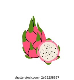 Summer tropical fruits for healthy lifestyle. Red dragon fruit, whole fruit and half. Vector illustration cartoon flat icon isolated on white.