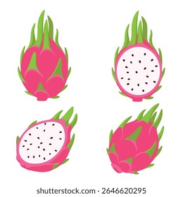 summer tropical fruits for healthy lifestyle red dragon fruit whole fruit and half vector illustration flat cartoon icon isolated on white.Vector eps 10	