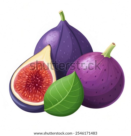 Summer tropical fruits for healthy lifestyle. Fig, purple whole fruit and half. Fresh fruit for good health. Vector illustration on background white.