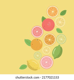 summer tropical fruits with leaves, grapefruit, orange, tangerine, lemon, lime on yellow background. Food concept. Flat lay, top view, copy space