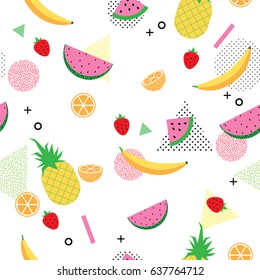 Summer and tropical fruits on geometric shape in seamless memphis pattern background.Vector illustration.
