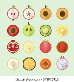 Summer tropical fruits in pastel colors. Geometric fruits circle style. Vector fruit collection poster design. Summer circle icon.