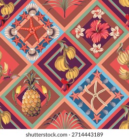 Patrón de frutas tropicales de verano y conchas marinas en cuadrados geométricos coloridos Vector diseño sin costuras.