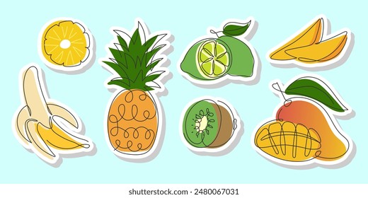 Summer tropical fruits stickers. Cute hand drawn fruit Icons. Funny Seasonal exotic food elements for design. Abstract doodle Pineapple, banana, kiwi, mango isolated on white