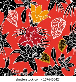Jardín tropical de verano. Patrón vectorial sin inconvenientes con hojas y flores coloridas. Colección textil de época. Sobre fondo rojo.