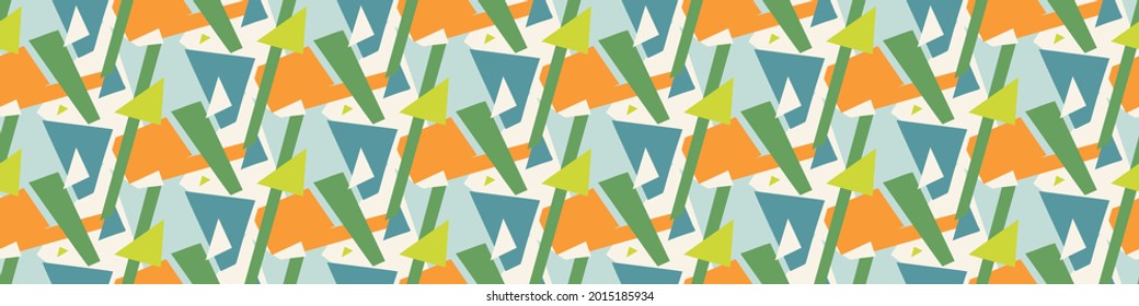 Patrón geométrico de borde sin soldadura en verano tropical. Borde de banner retro brillante. Divertido género neutro envolvimiento enmascaramiento decoración de taper washi ribon trim en vector.
