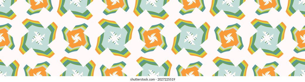 Summer tropical geometric seamless border pattern. Bright retro geo banner edge. Fun gender neutral gift wrap masking taper decor washi ribbon trim in vector.