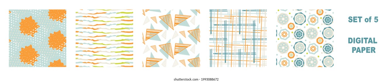 Summer tropical geometric seamless pattern set. Bright retro geo collection for digital scrapbook paper and repeat kid design. Fun masculine shirt textile swatch in vector.