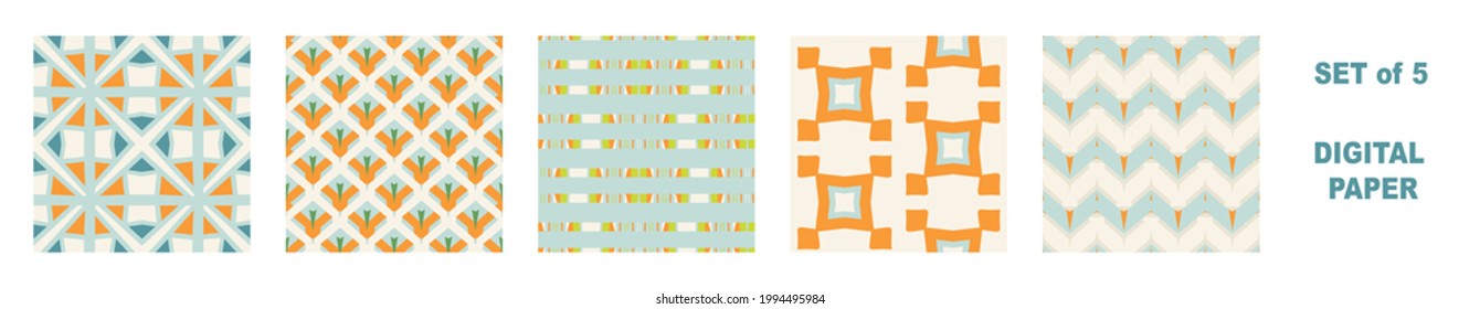 Summer tropical geometric seamless pattern set. Bright retro geo collection for digital scrapbook paper and repeat kid design. Fun masculine shirt textile swatch in vector.