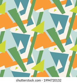 Summer tropical geometric seamless pattern. Bright retro geo shape for digital scrapbook paper and repeat kid design. Fun masculine shirt textile swatch in vector.