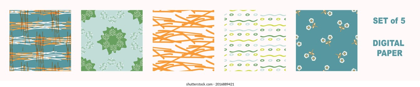 Conjunto de patrones geométricos sin soldadura de verano tropical. Colección de geo retro brillante para papel de libro de recortes digital y diseño de niños repetidos. Vegetación textil de camisa masculina divertida en vector.