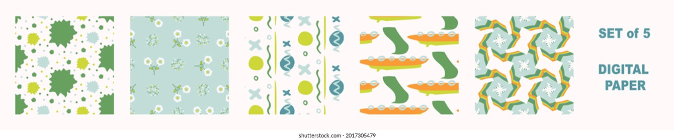 Summer tropical geometric seamless pattern set. Bright retro geo collection for digital scrapbook paper and repeat kid design. Fun masculine shirt textile swatch in vector.