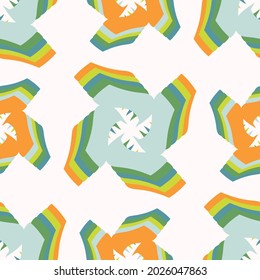 Summer tropical geometric seamless pattern. Bright retro geo shape for digital scrapbook paper and repeat kid design. Fun masculine shirt textile swatch in vector.