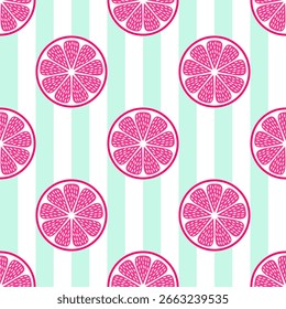 Summer tropical grapefruit seamless pattern on striped background