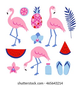 Summer tropical graphic elements. Flamingo birds. Jungle floral illustrations, palm leaves, orchid flowers, pineapple and watermelon. Isolated illustrations, flat design. stock vector