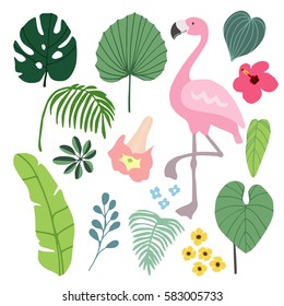 Summer tropical graphic elements with flamingo bird. Jungle floral illustrations, palm and monstera leaves and hibiscus flower, flat design. Isolated stock vectors.