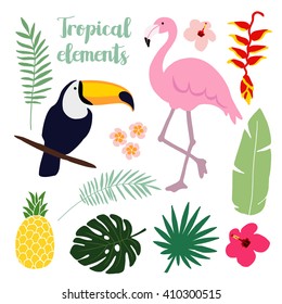 Summer tropical graphic elements. Toucan and flamingo bird. Jungle floral illustrations, palm leaves, hibiscus, flowers, pineapple. Isolated illustrations, flat design. stock vector. Jungle animals.