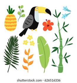 Summer tropical graphic elements. Toucan bird. Jungle floral illustrations, palm leaves, pineapple and hibiscus flowers. Isolated illustrations, flat design. Stock vector.