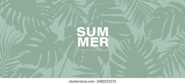 Summer tropical green background with monstera leaves, palm branches and other tropical plants. Botanical vector illustration